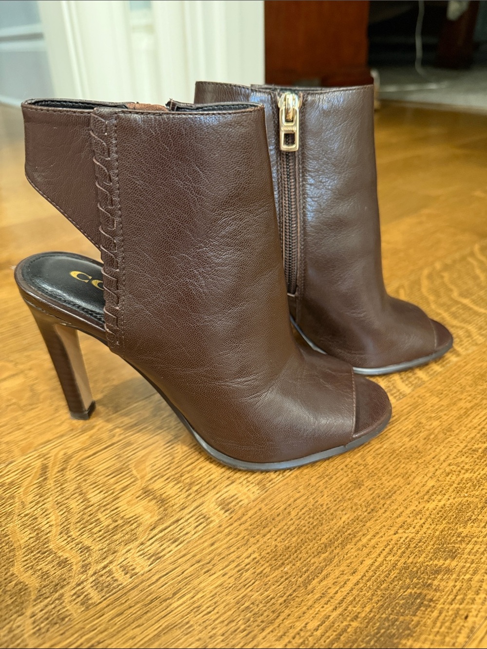 Coach Women's Brown Peep-Toe High Heel Booties